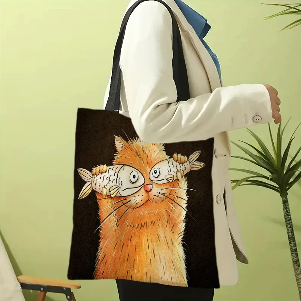 1pc fantaisiste dessin animé chats sac fourre-tout dessin animé poisson sacs à provisions pour dames cadeau eco pliable réutilisable sac à provisions sacs d'extérieur