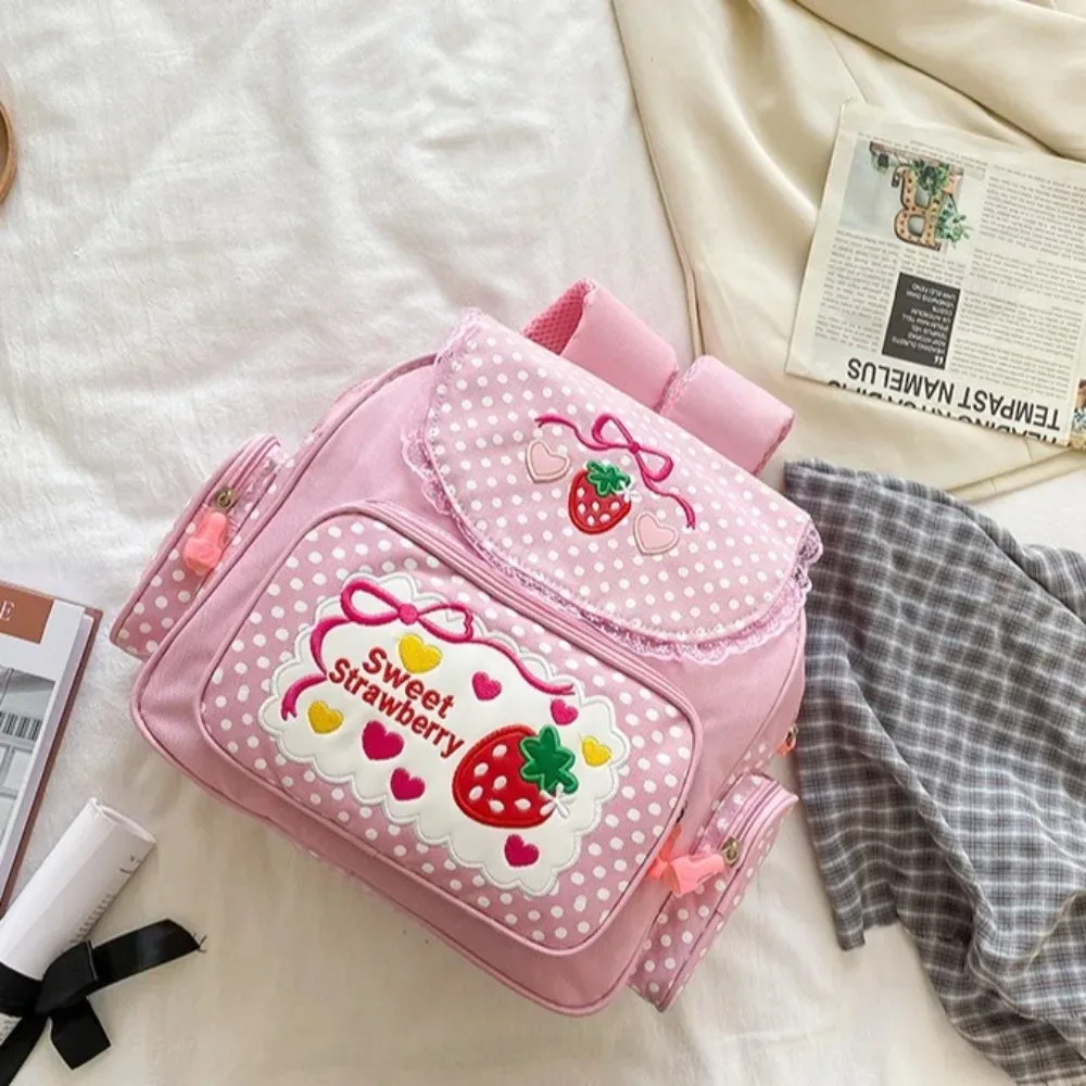 sac à dos scolaire pour fille, motif fraise de dessin animé, avec nœud et pois, multi-poches, sac à dos pour étudiante et adolescente