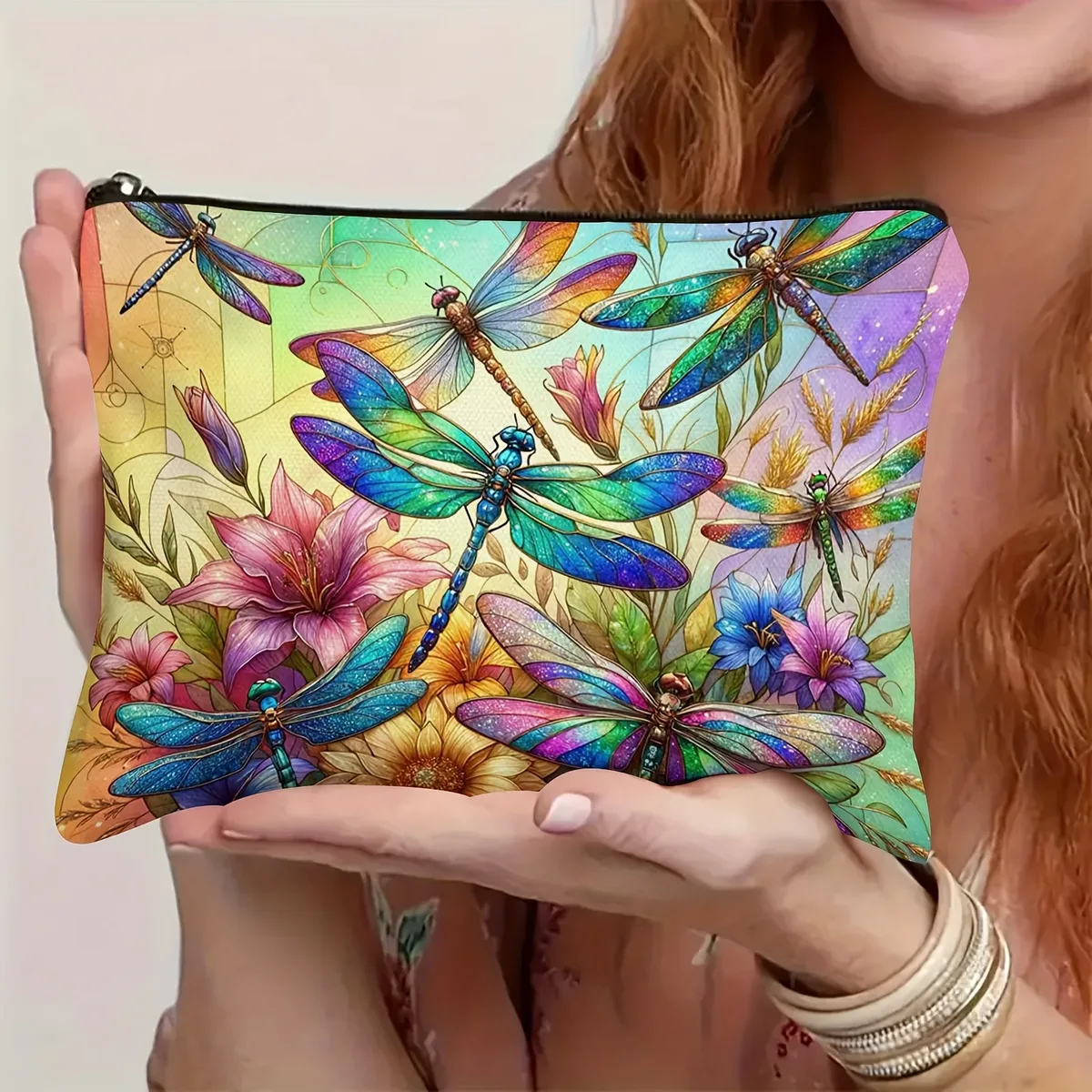 trousse de maquillage libellule colorée | pochette cosmétique hypoallergénique avec motif floral et insectes, organisateur adapté aux voyages