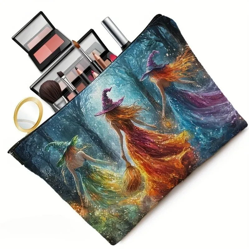 sorcières enchanteresse dans des robes vibrantes, trousse à cosmétiques, accessoires de voyage en polyester durable, trousse de maquillage, cadeaux d'halloween, trousse à crayons