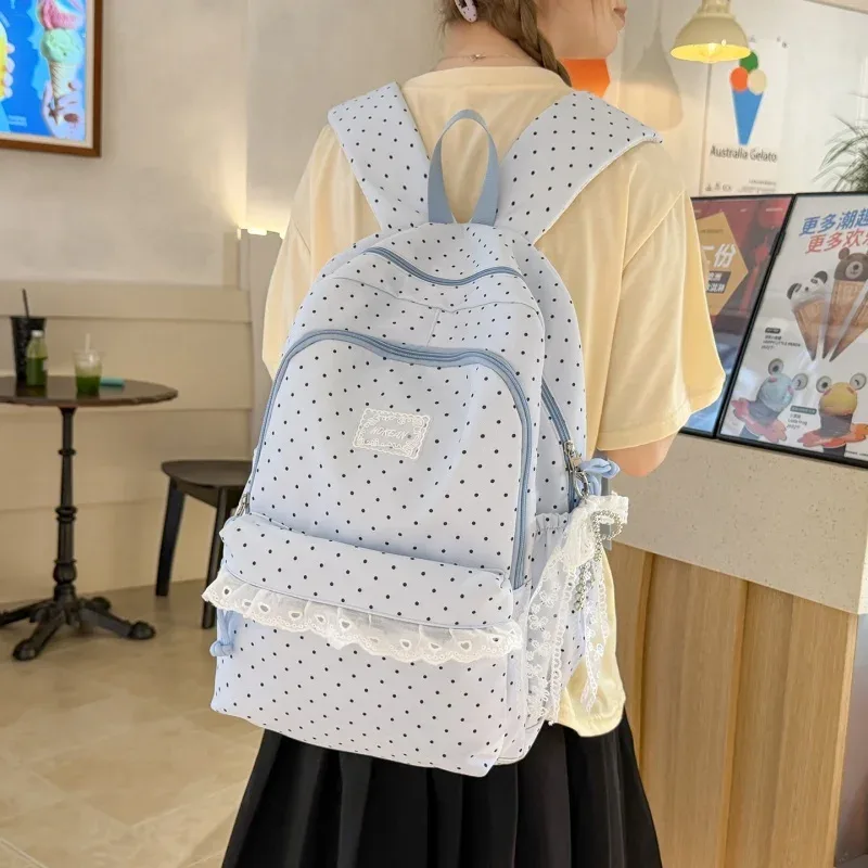 sac à dos scolaire en nylon de grande capacité, style coréen, orné de dentelle à pois et d'un joli nœud décoratif, idéal pour les filles, pour les voyages quotidiens.
