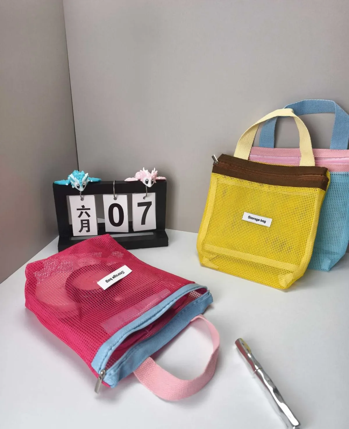 ins style – sac fourre-tout en maille de couleur vive et vibrante, petit sac à cosmétiques, sac à main pliable, trousse de toilette portable, sac de plage pour femmes
