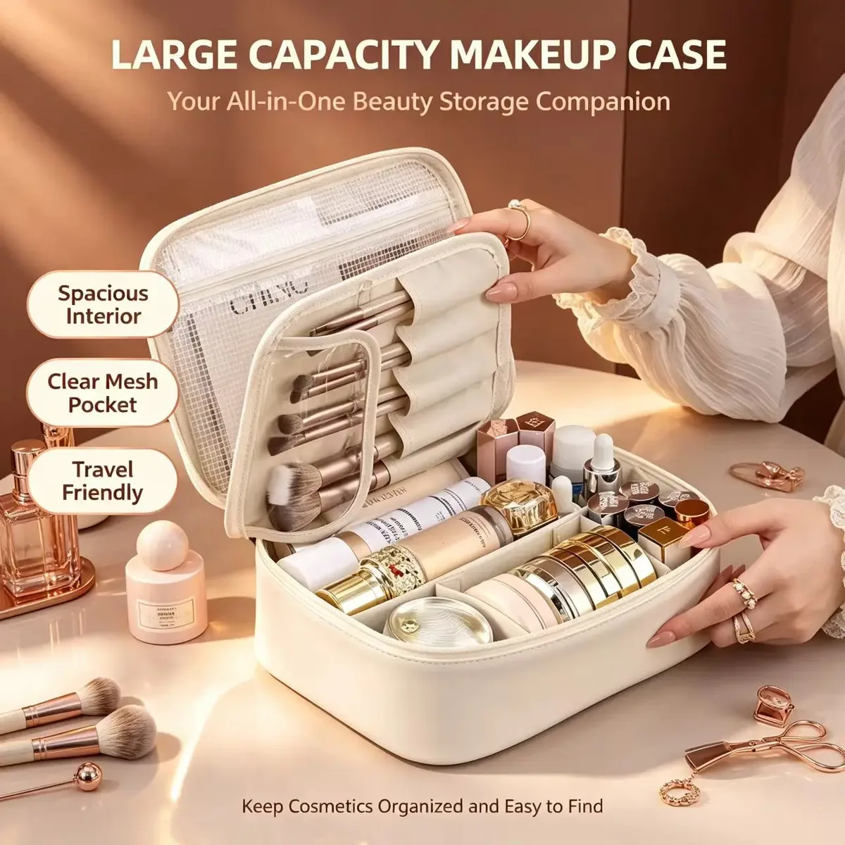trousse de maquillage portable et étanche avec porte-pinceaux amovible, grande capacité, étui de rangement cosmétique de voyage avec séparateurs ajustables