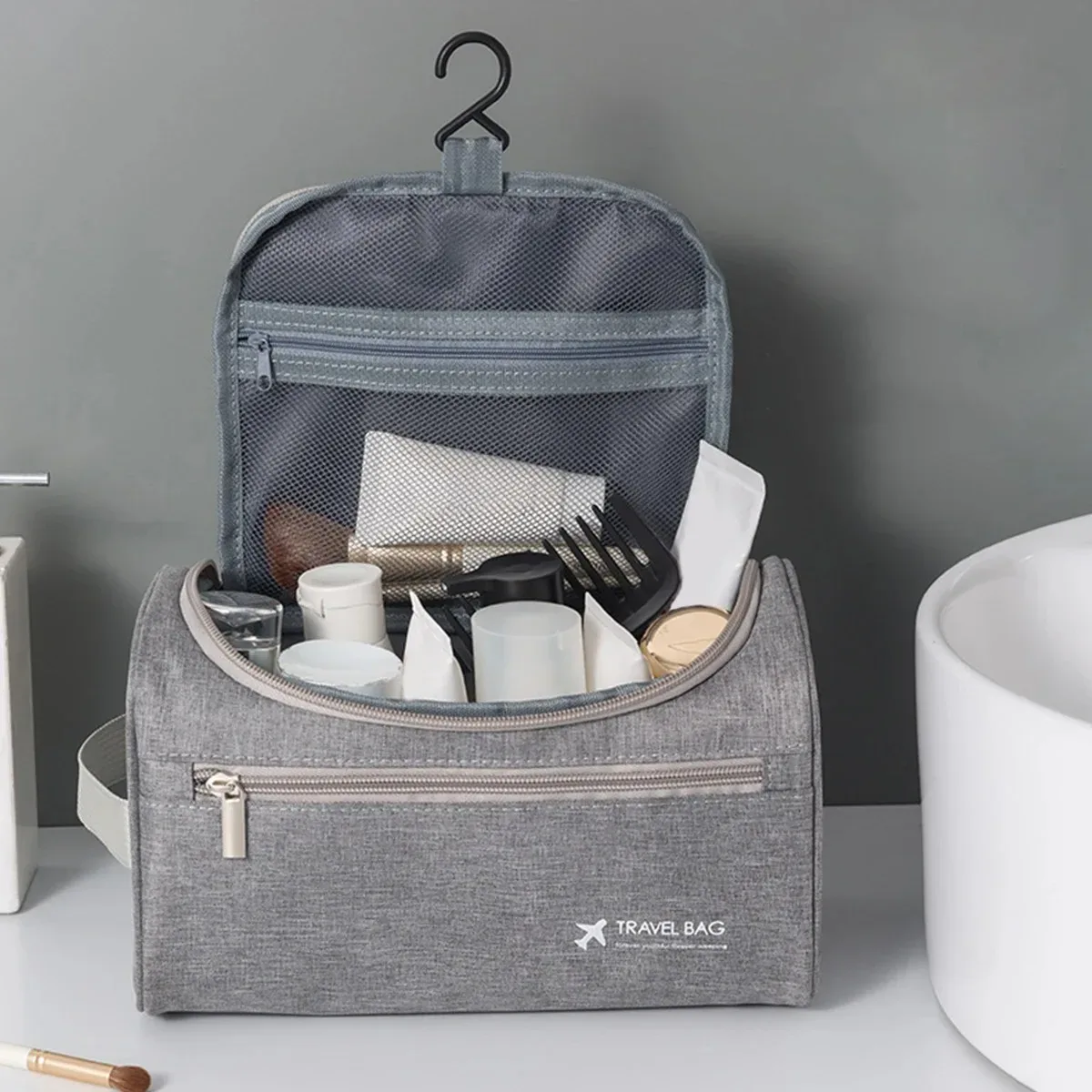 trousse de toilette de voyage portable, sac de rangement pliable de grande capacité, sac de rangement multifonctionnel à crochet