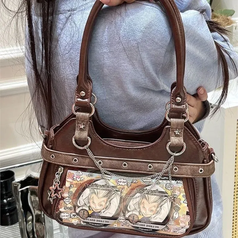 jiaerdi harajuku star ita sac femmes double sangle réglable en cuir transparent fourre-tout sac à main sous-culture quotidien polyvalent sac à bandoulière y2k