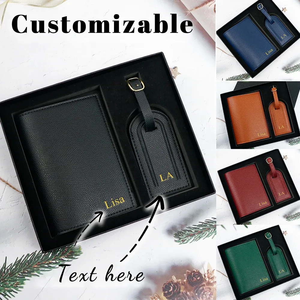 porte-passeport de voyage en cuir pu personnalisé avec nom et étiquette anti-perte pour bagages, avec coffret cadeau de voyage essentiel