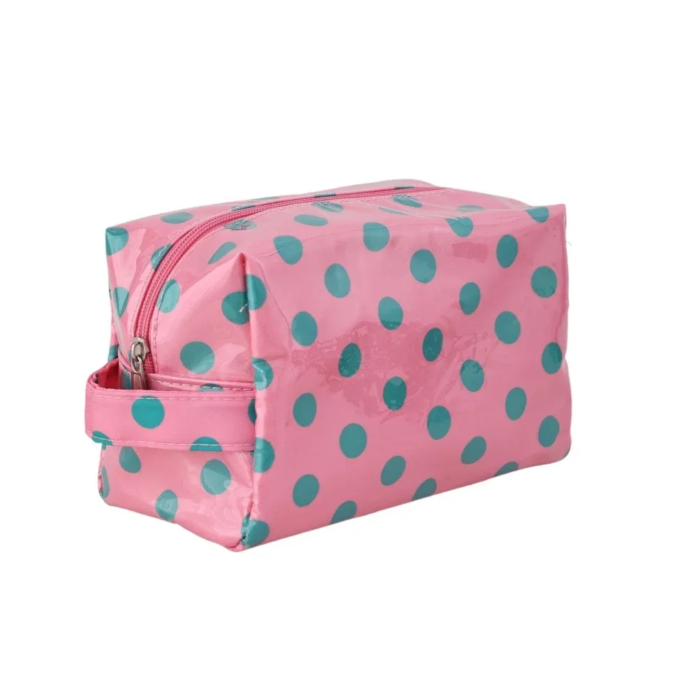 trousse cosmétique pvc imperméable pois bleus fond rose pâle compacte voyage maquillage toile oxford