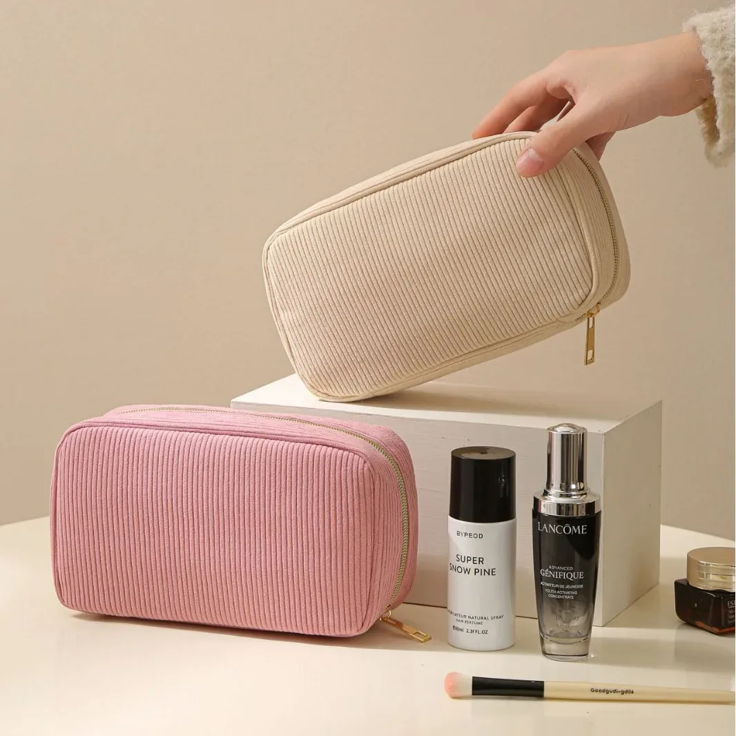 trousse de maquillage grande capacité en velours côtelé doux, sac à main portable quotidien, parfait pour rangement cosmétique et cadeau de fêtes