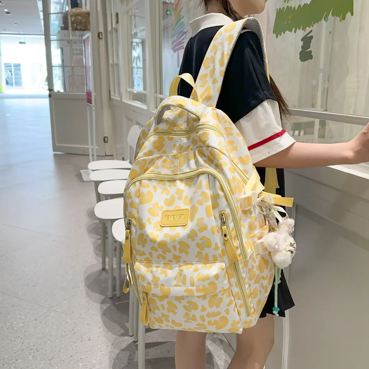nouveau sac à dos double épaule style harajuku imprimé vache et léopard, léger, pour les élèves du collège et du lycée