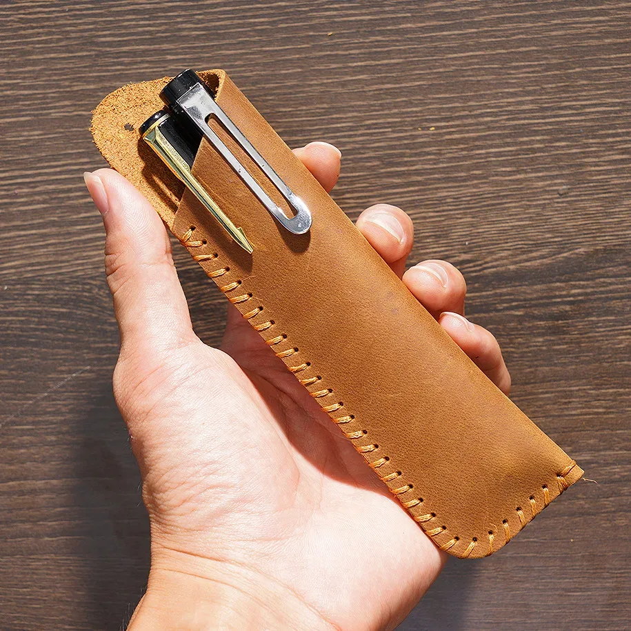 étui à stylos en cuir véritable fait main, cadeau créatif, style rétro simple et personnalisé, en cuir de vachette pleine fleur, housse de protection