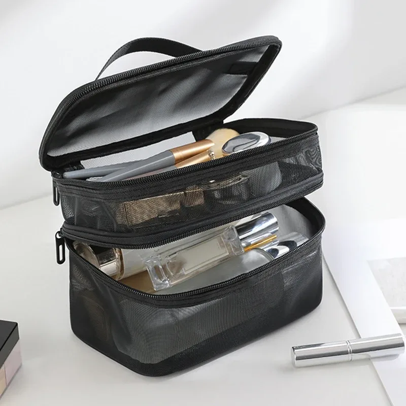 pochette cosmétique portable en maille, grande capacité, organiseur de toilette, sac de rangement multifonctionnel pour maquillage de voyage