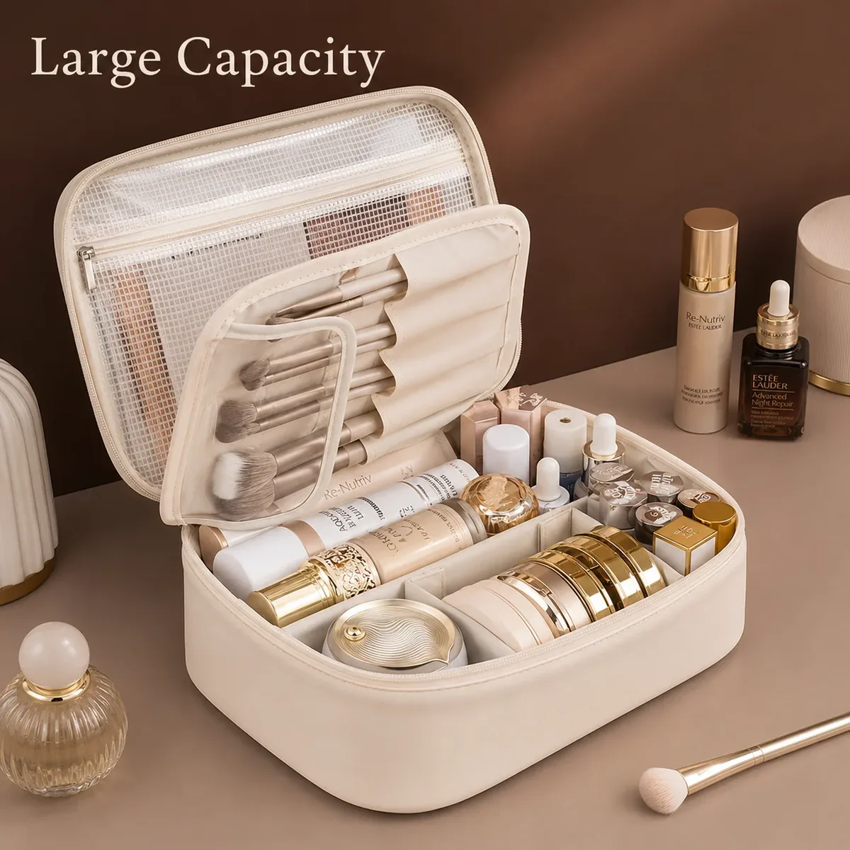 Grande trousse de maquillage portable avec panneau à pinceaux amovible, étui de rangement cosmétique de voyage pour femmes
