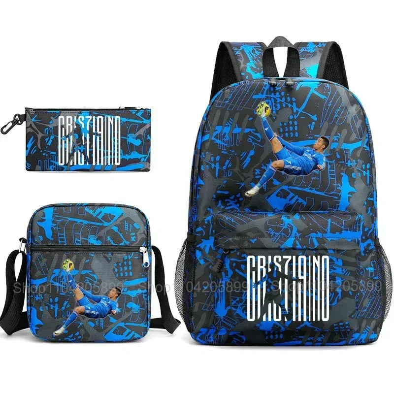 sacs à dos cr7 ronaldo pour garçons et filles, 3 pièces, sacs d'école, sac à bandoulière, trousse à crayons, capacité pour ordinateur portable, sac à dos de voyage quotidien, cadeau