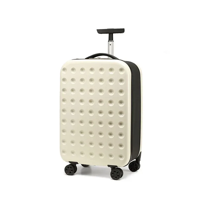 sac voyage polochon plastique dur crème points noirs roulettes poignée télescopique bandes noires grande taille
