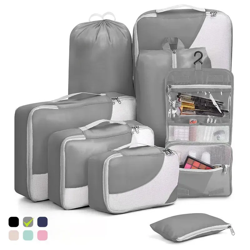organiseur de valise de qualité supérieure, 8 pièces, pochettes de rangement en maille transparente, cubes de rangement résistants aux déchirures, sacs de rangement pour vêtements avec trousse de toilette