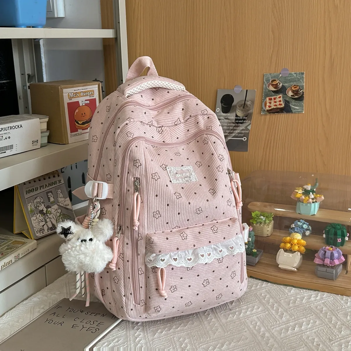 sac à dos décontracté en velours côtelé gris pour femme, motif étoile, breloque ours en peluche, multi-poches, sangle réglable, pour usage quotidien et scolaire 2026