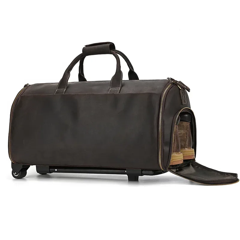 Sac de voyage à roulettes en cuir véritable pour homme, sac de sport roulant en cuir de vachette Crazy Horse de 22 pouces avec compartiment à chaussures, grand sac de rangement
