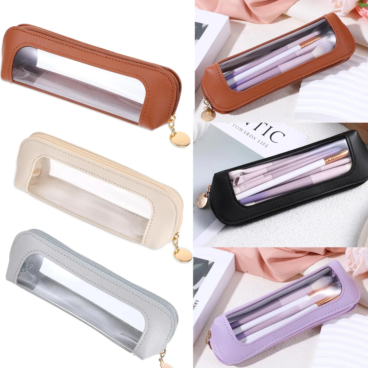 petite pochette de maquillage transparente, sac de brosse de maquillage en cuir pu, pochette de rangement avec fermeture éclair pour femmes, maison, voyage, bureau, rangement de cosmétiques