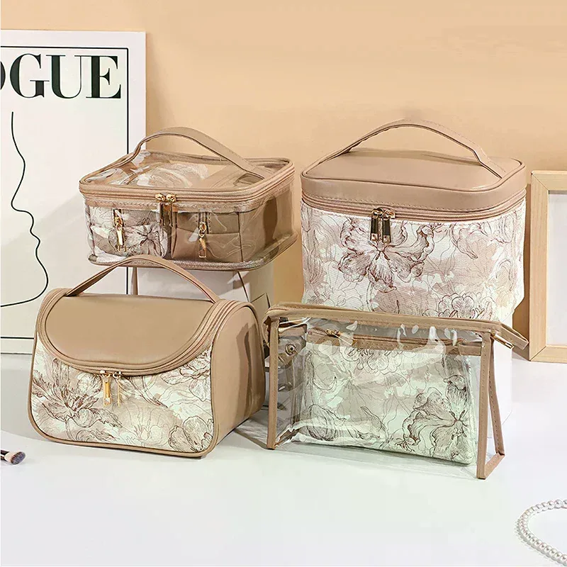 trousse de toilette transparente à imprimé floral, lot de 3, grande capacité, pochette de rangement pour maquillage portable pour femmes, voyage