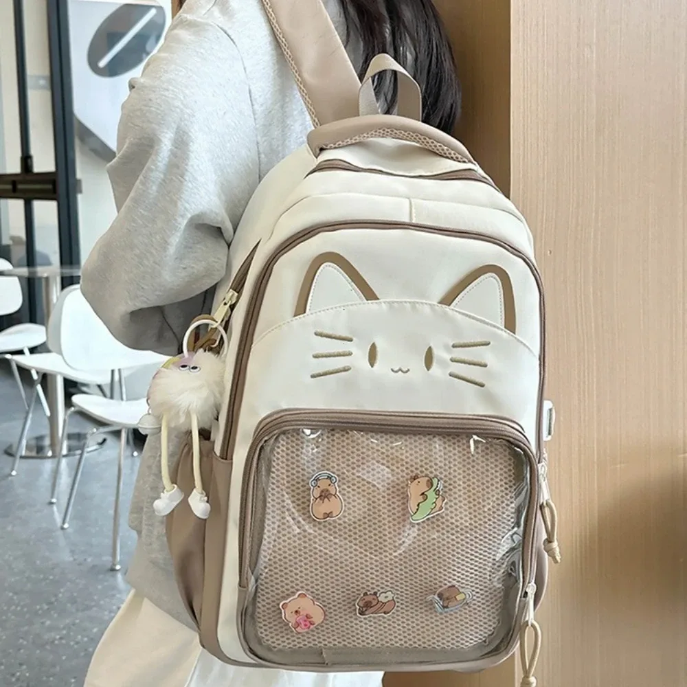 y2k mignon chat ita sacs à dos grande capacité sac à dos décontracté fille transparent bricolage affichage sac à dos dessin animé à la mode voyage cartables