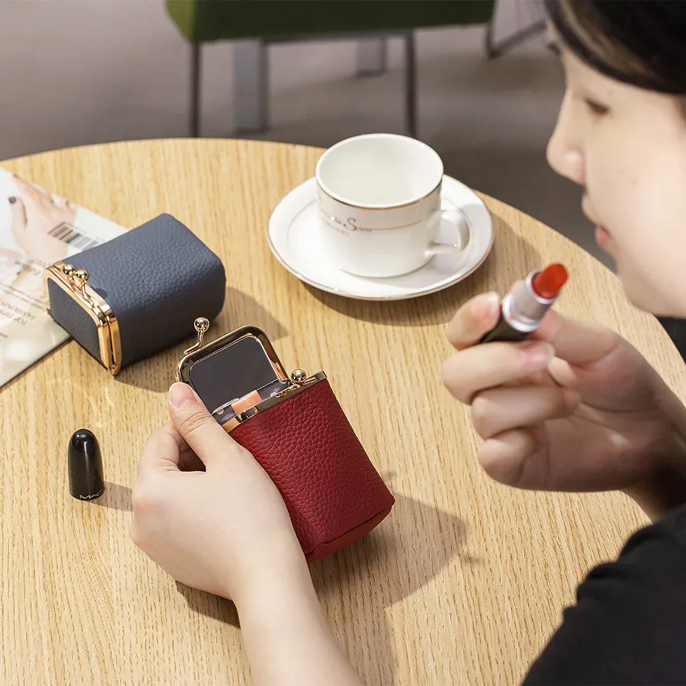 nouveaux portefeuilles en cuir véritable, porte-monnaie de marque kiss lock, petit sac d'argent en cuir de vache souple, pochette de maquillage mignonne, étui organisateur de rouge à lèvres