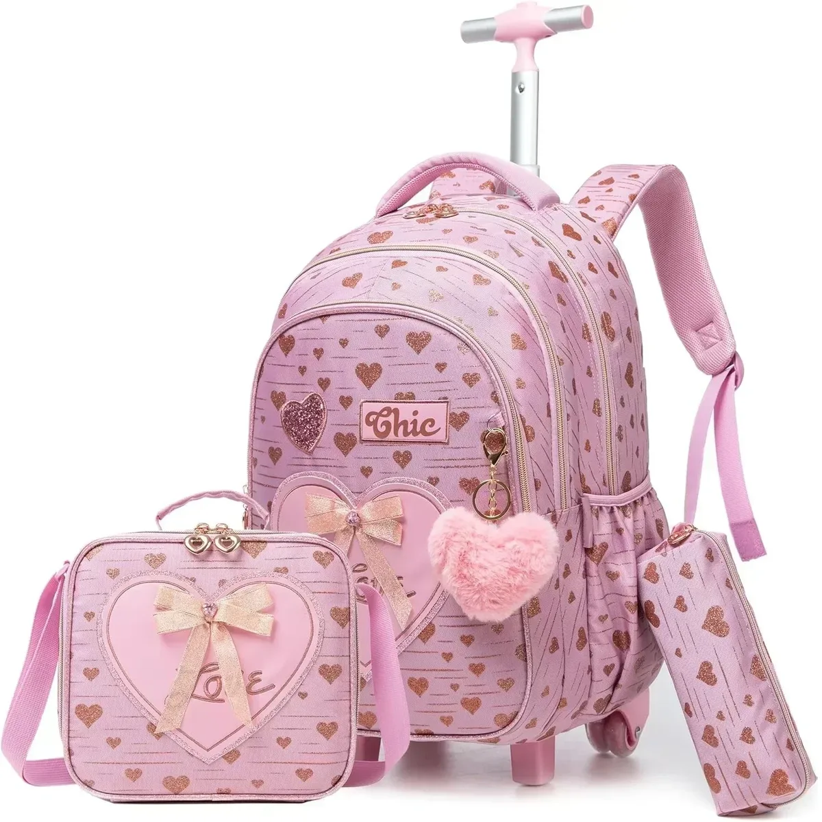 sacs d'école à roulettes pour filles, 3 pièces, sac à dos étanche pour enfants avec roulettes, chariot d'école primaire, sac de livre à bagages