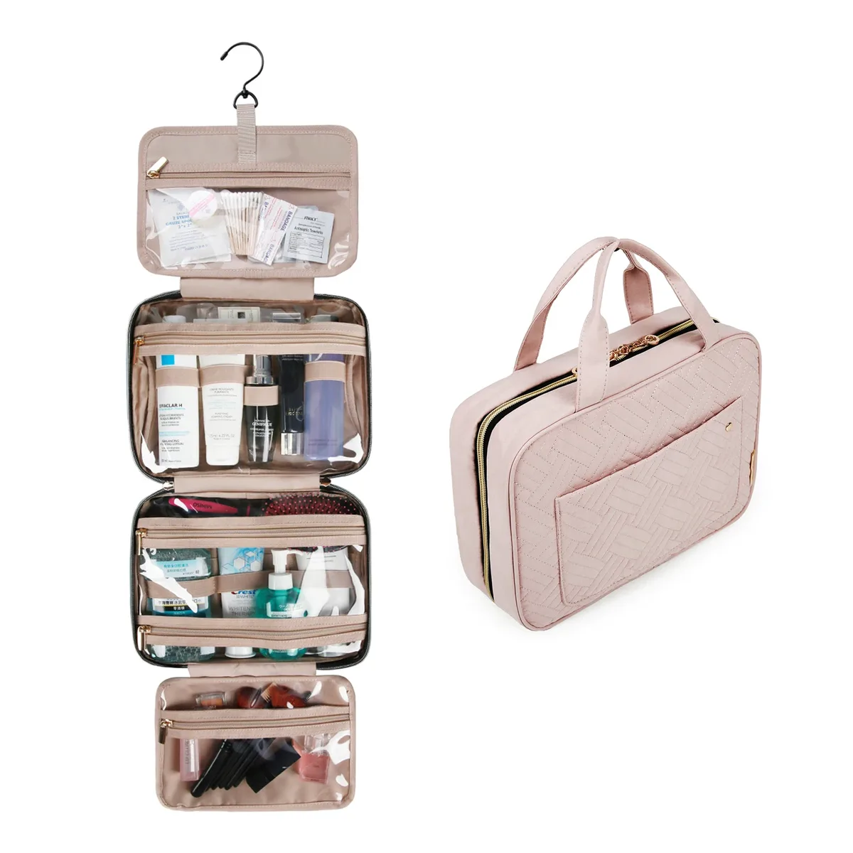 trousse toilette pvc compartiments transparents noire motif géométrique relief voyage cosmétiques maquillage rangement affaires week-end