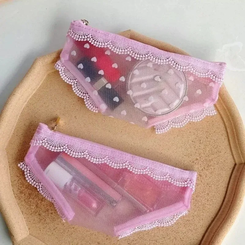 pochette de maquillage transparente y2k en maille et dentelle, forme cœur, style ins, trousse de toilette de voyage