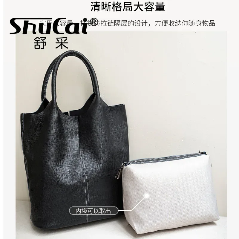 sac à main en cuir véritable pour femmes, fourre-tout de banlieue en cuir de vache souple, fourre-tout à bandoulière, grand sac seau de luxe de styliste
