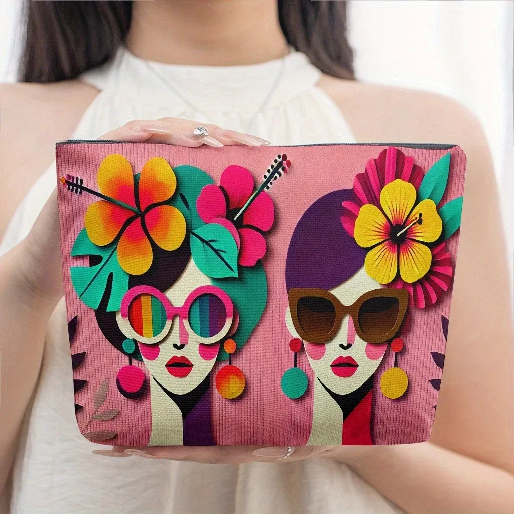 trousse de maquillage pour visage et fleur d'hibiscus tropical, 1 pièce, abstraite et vibrante, organisateur cosmétique pliable et portable