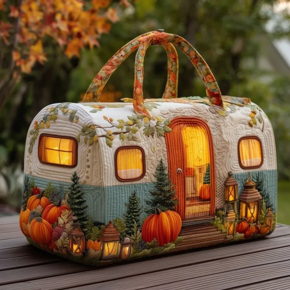 sac à main matelassé vintage de noël pour femme, motif camping-car, broderie 3d neige, citrouille, pin, lanterne, grande capacité, sac de voyage