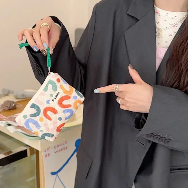 sac de maquillage en coton doux à motif floral, fermeture éclair, rangement pour rouge à lèvres, nœuds, sac cosmétique, trousse de toilette, pochette multifonctionnelle, porte-monnaie