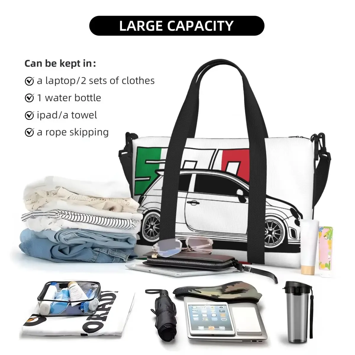sac de voyage de plage personnalisé fiat 500 abarth, fourre-tout de grande capacité pour salle de sport, yoga, sac à bandoulière de shopping pour femmes