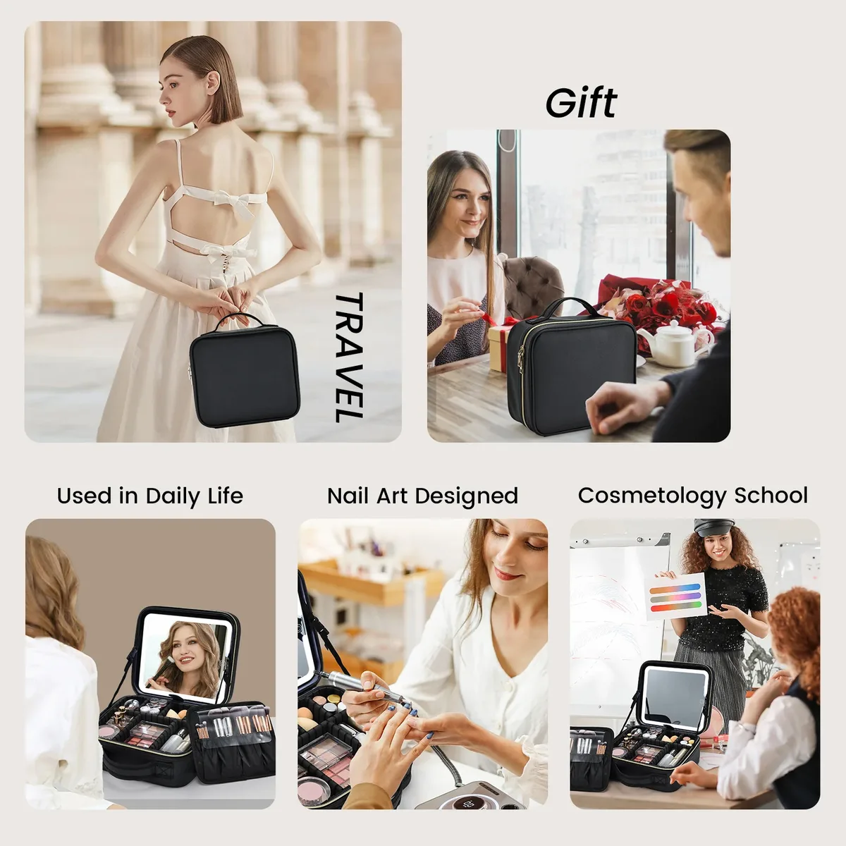 trousse de maquillage avec miroir led, 3 modes d'éclairage, trousse de maquillage avec miroir de vanité avec lumières, trousse de maquillage de voyage avec miroir éclairé