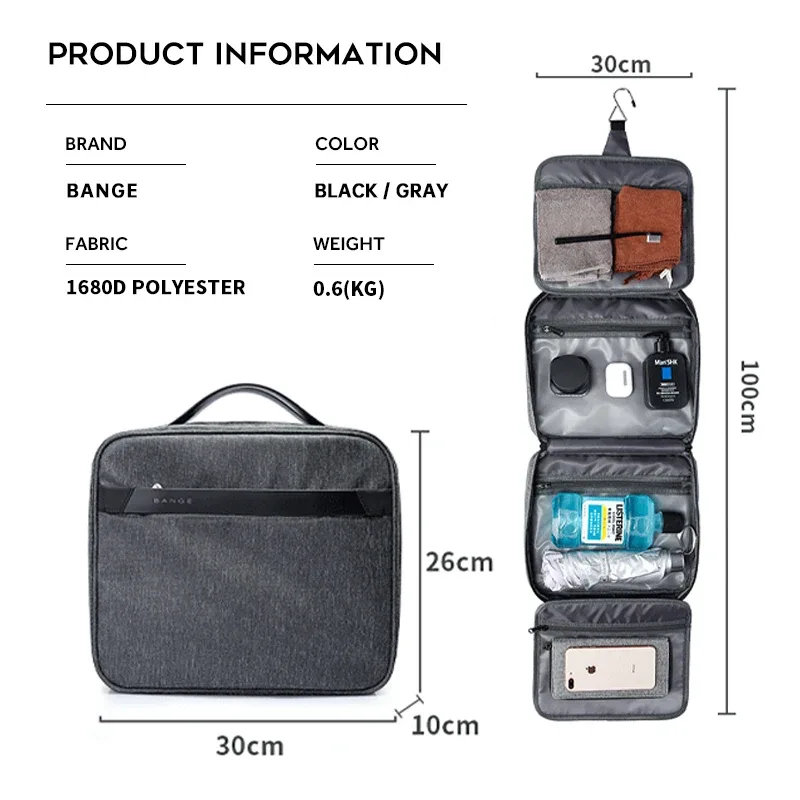 trousse toilette oxford gris noir polyester décontracté étui cosmétiques boîte format rectangulaire fermeture éclair voyage