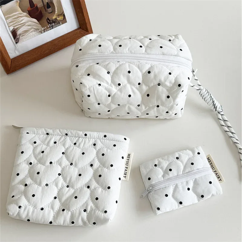 sac à cosmétiques en toile à pois pour femmes, trousse de maquillage kawaii douce et mignonne, sac de rangement de grande capacité à main de noël pour filles