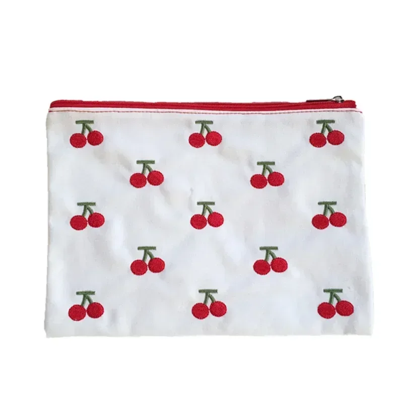 sac à cosmétiques en coton portable mignon cerise broderie femmes sacs de rangement petite femme voyage fermeture éclair maquillage téléphone pochette étui