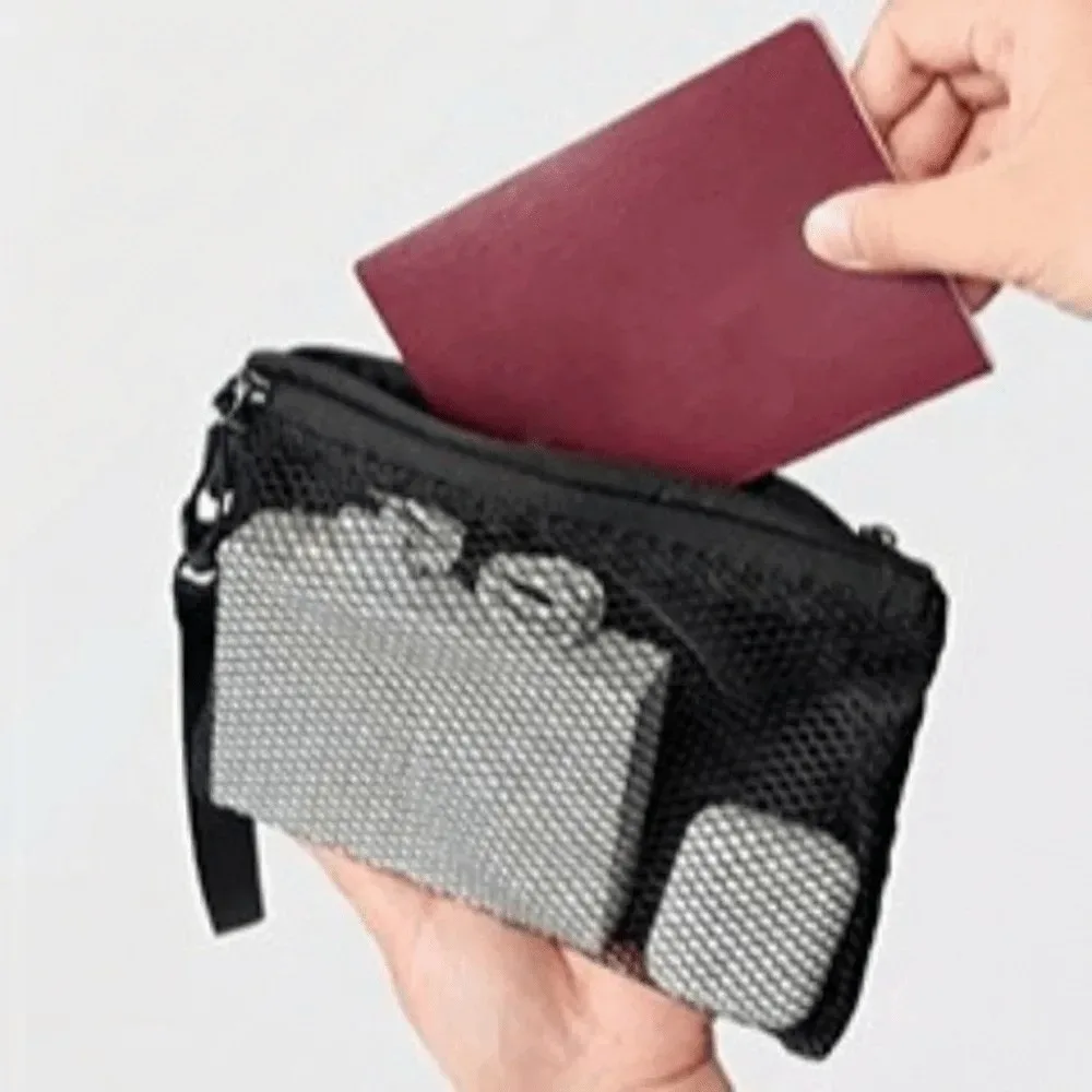 sac de rangement en maille légère avec fermeture éclair, trousse de toilette en polyester, couleur unie, sac à cosmétiques multifonctionnel, usage polyvalent
