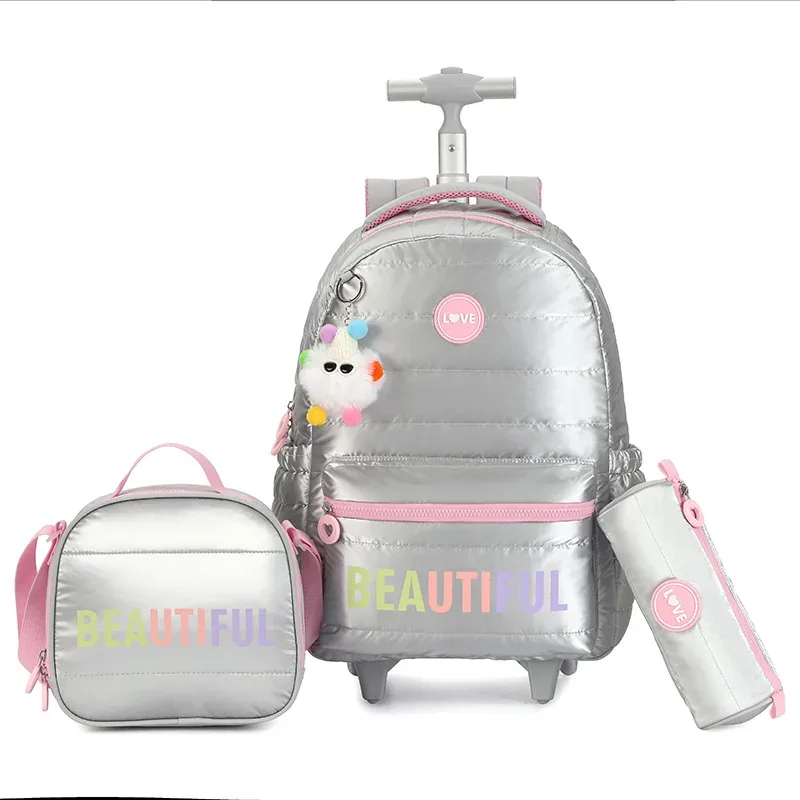 sac à dos scolaire pour enfants, 3 pièces/ensemble, sacs à livres pour filles, sac à roulettes de voyage, sac à dos scolaire à roulettes avec sac à déjeuner