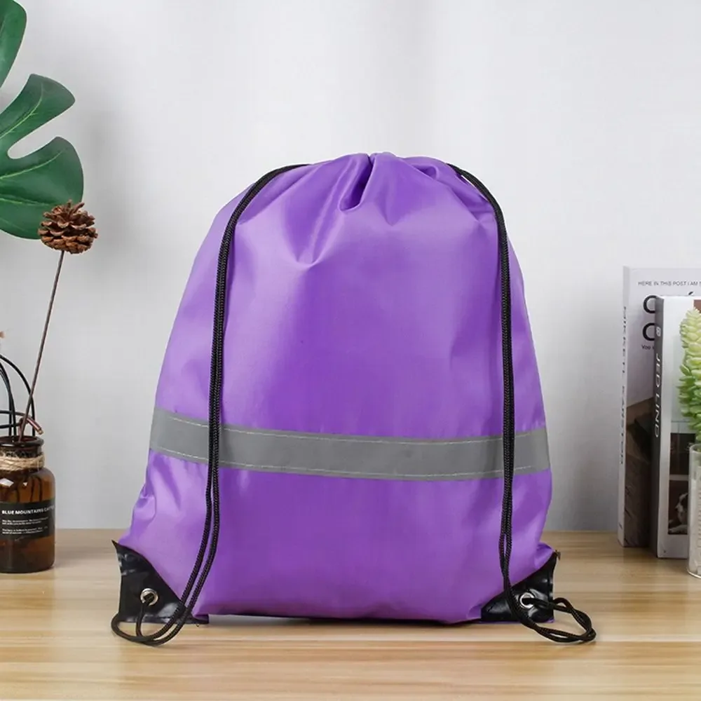 sac à dos de sport à rayures réfléchissantes, cordon de serrage, polyester 210d, couleur unie, sac à bandoulière de sport en nylon, étanche et portable