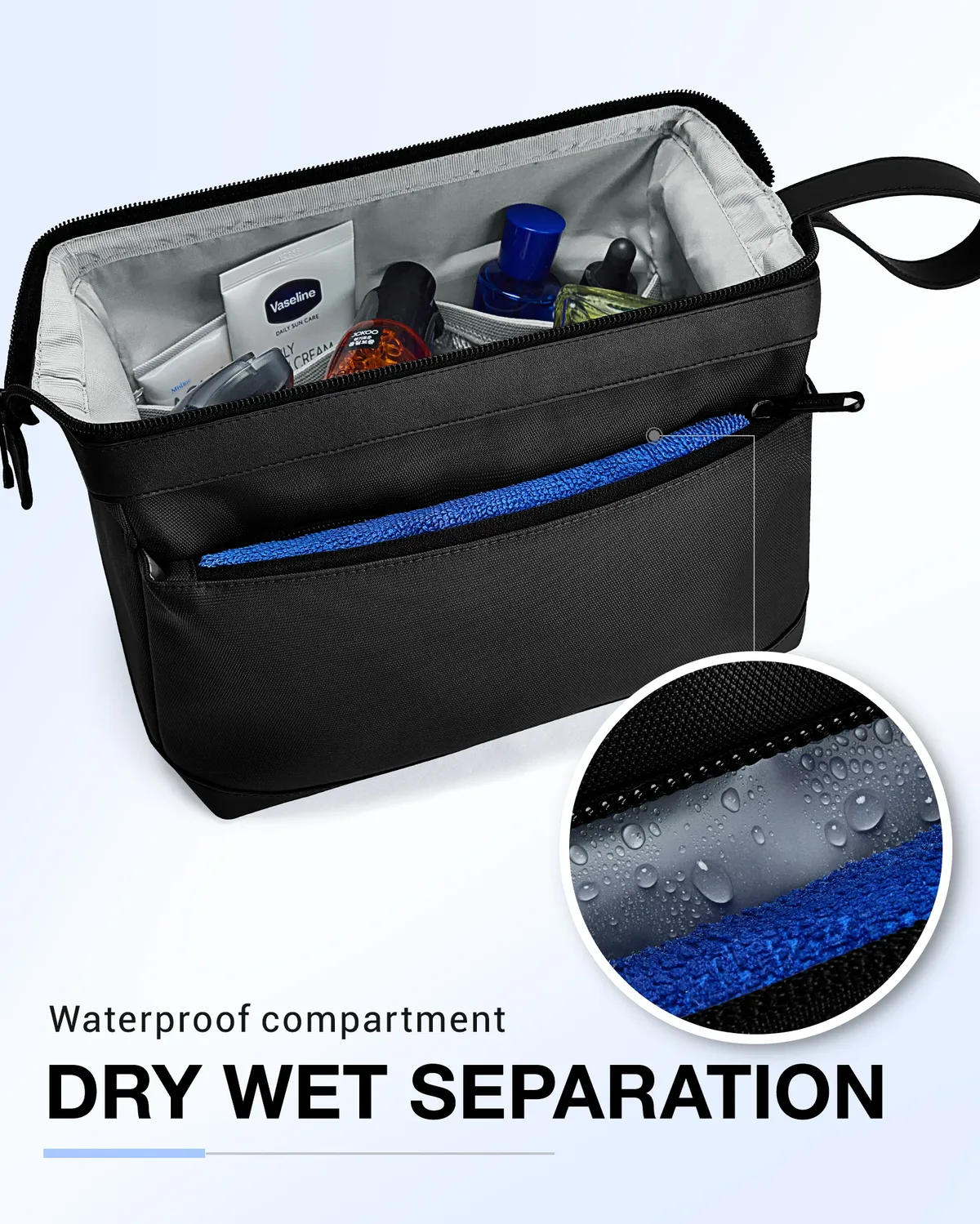 trousse polyester noir compartiments poches maille ouverture large rasage hygiène voyage cosmétiques organisation skincare