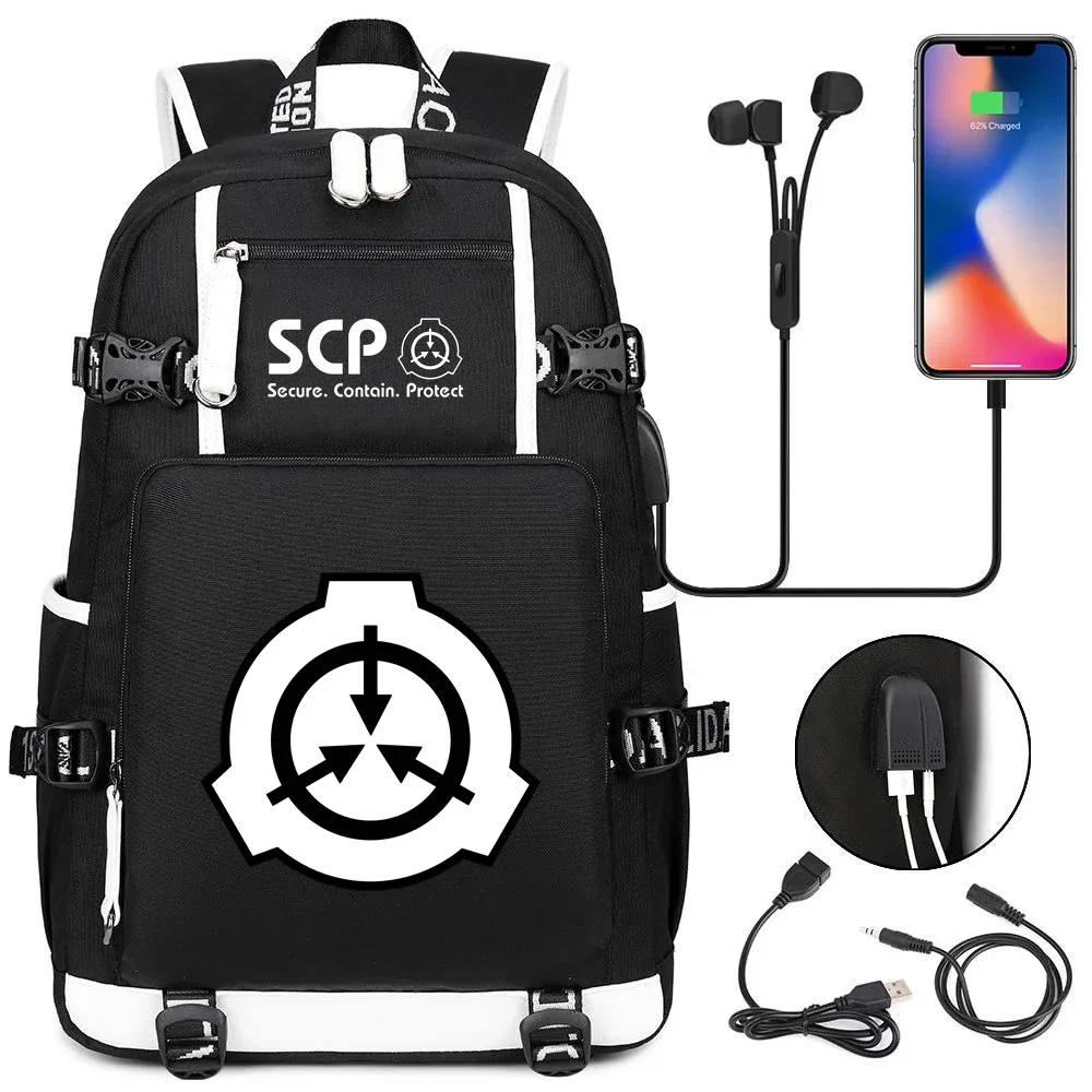 sac à dos scp foundation cartable noir, sacs d'école de dessin animé pour enfants adolescents, sac à dos de voyage scp, sacs initiés par ordinateur portable usb
