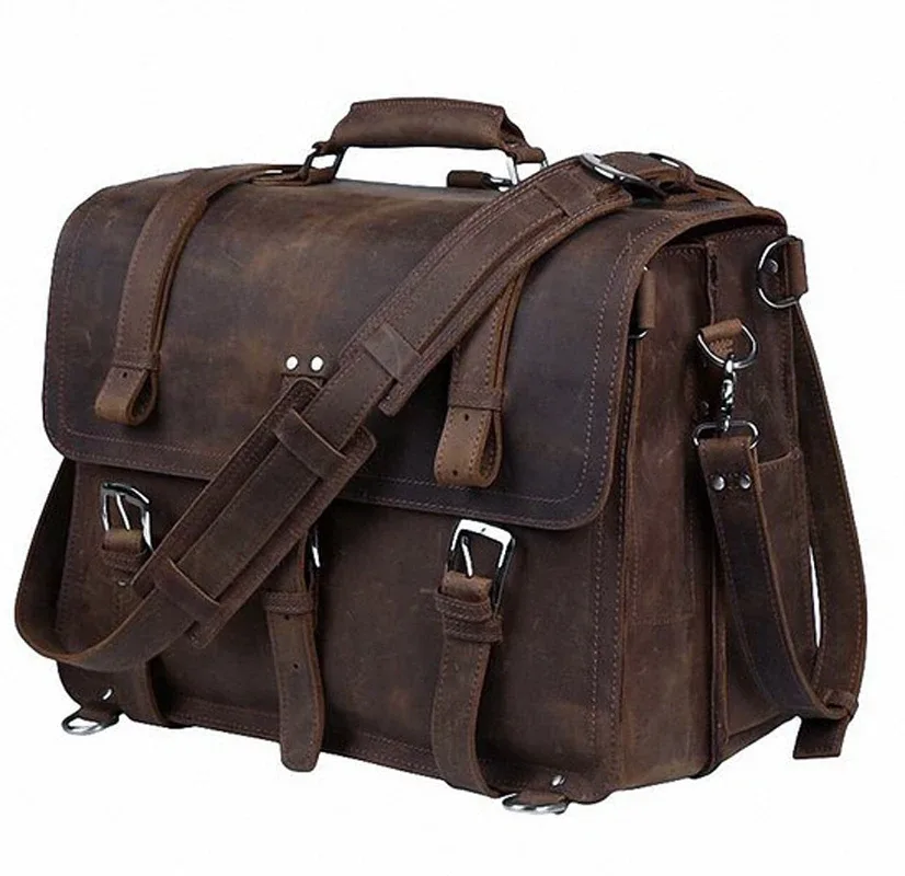 Porte-documents en cuir véritable Crazy Horse vintage pour homme, sac d'affaires, grand porte-documents en cuir, sac à bandoulière pour ordinateur portable 17 pouces, sac de bureau