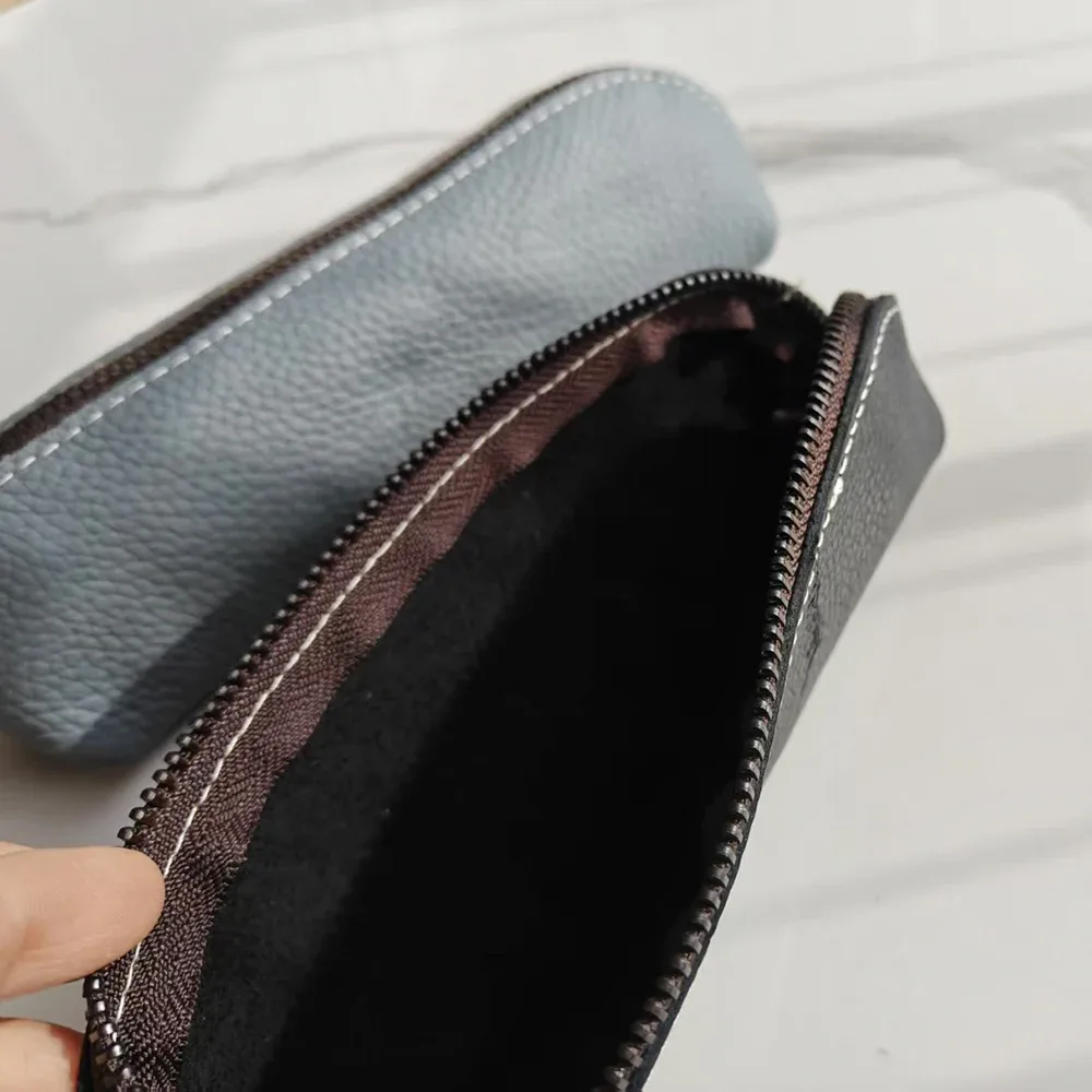 pochette à crayons en cuir véritable personnalisable avec nom – trousse à stylos pour étudiant, pochette de luxe en cuir de vachette pour femme, petite trousse à maquillage zippée