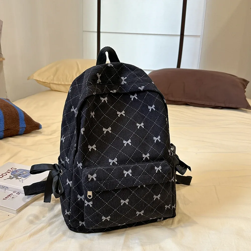 sac à dos à nœud en velours côtelé pour étudiantes, sac à dos polyvalent pour lycéennes et collégiennes