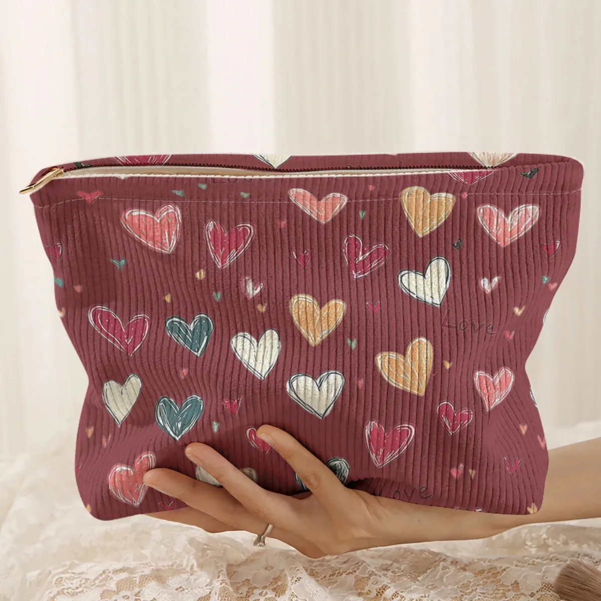 1 pièce, sac de rangement portable pour cosmétiques avec motif de cœur coloré, imprimé double face, sac de maquillage de voyage à fermeture éclair