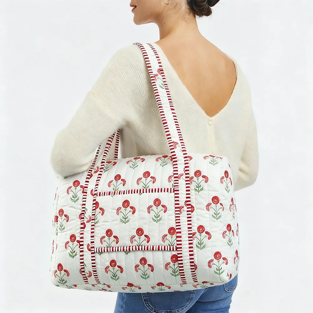 grand sac de voyage matelassé pour femmes, sac de week-end, imprimé bloc floral, bagages en coton, sacs de sport de nuit