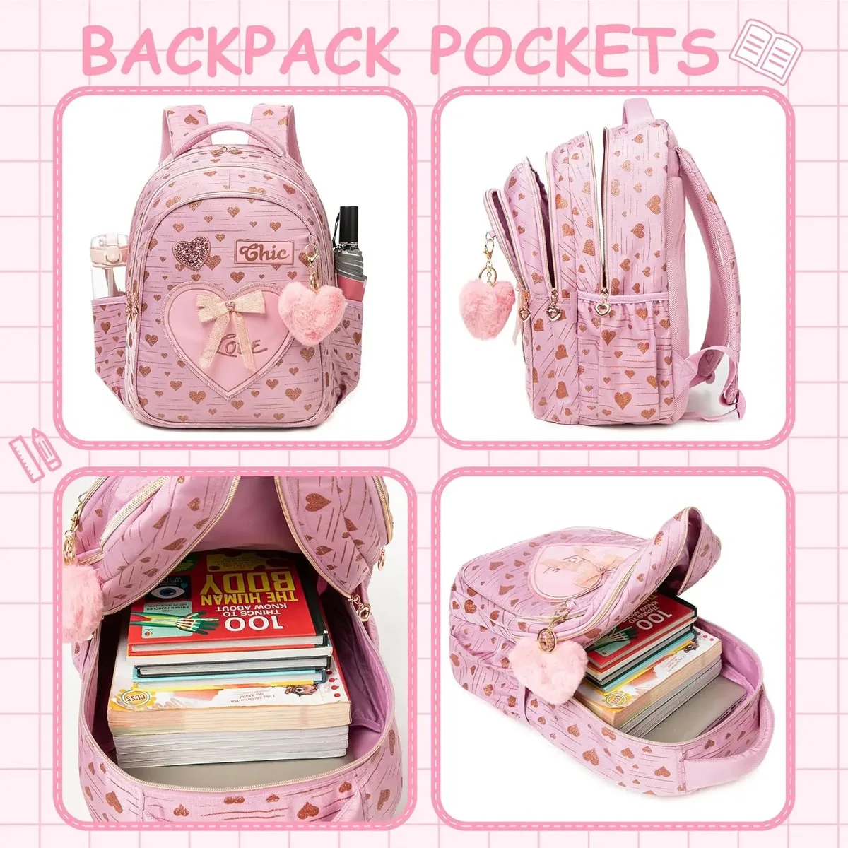 ensemble de 3 sacs à dos d'école pour filles, avec fourre-tout et trousse à crayons, sac à livres primaire léger pour enfants, mochila de retour à l'école