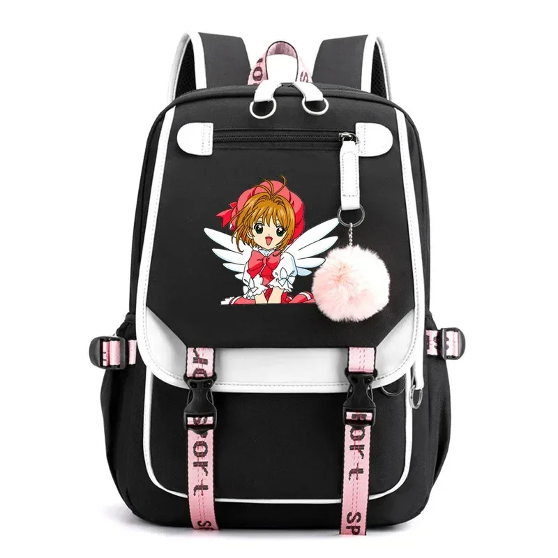 sac dos polyester noir bandes blanches roses poche devant dessin fille ailes étoile portable voyager
