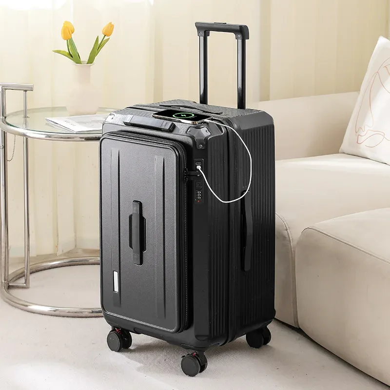 valise pc gris compartiments glissières ceinture poignée latérale verrouillage code roue frein expansion latère ajustable voyage